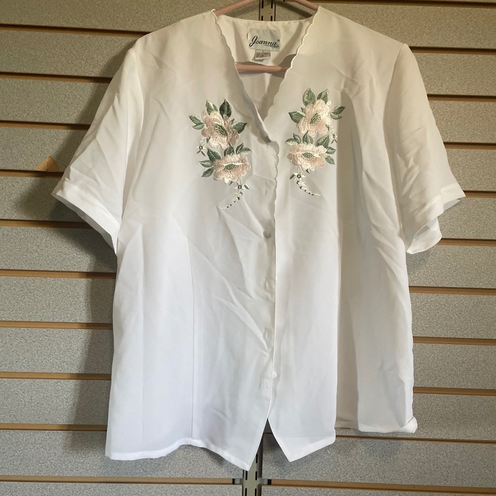 Vintage Joanna Embroidered Floral Button Down Top‎ Elegant Blouse White Size L